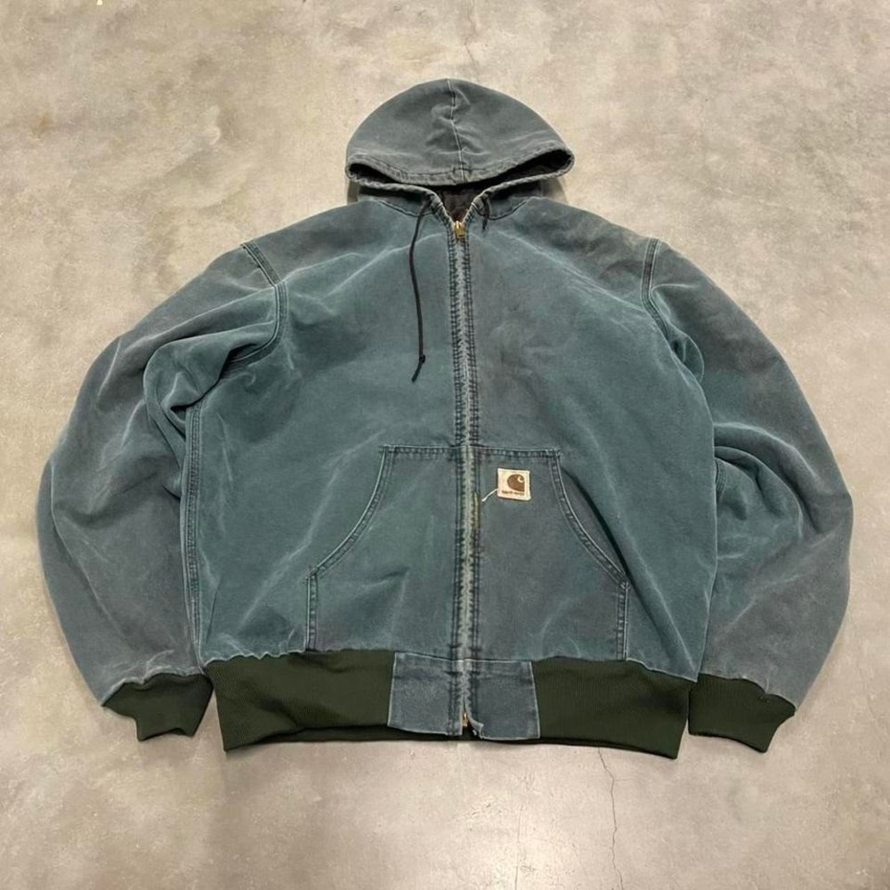 Vintage y2k 90s sea foam forest‎ green carhartt zip up workwear canvas jacket